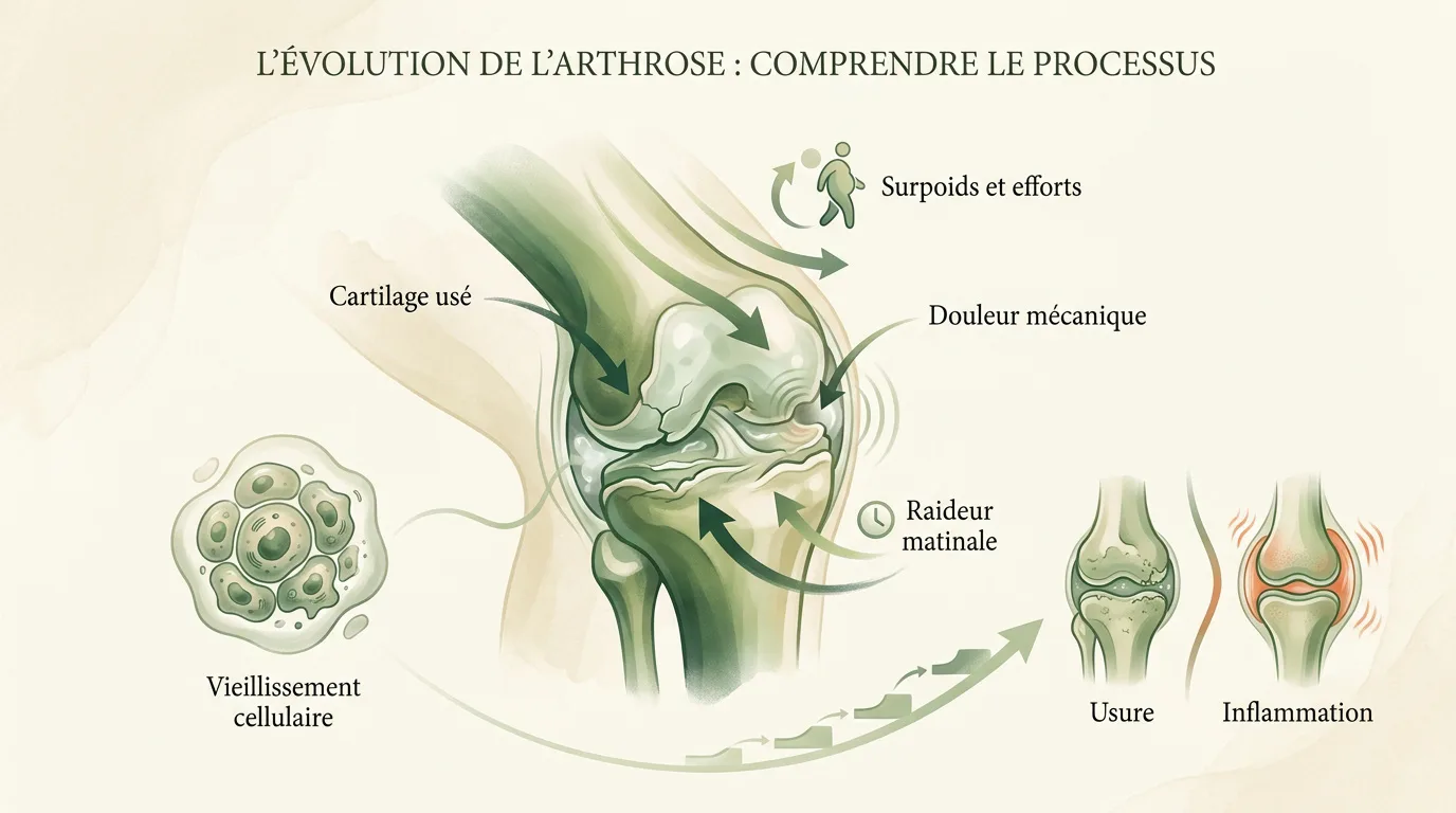 Schéma explicatif de l'évolution de l'arthrose et de l'usure du cartilage chez le senior