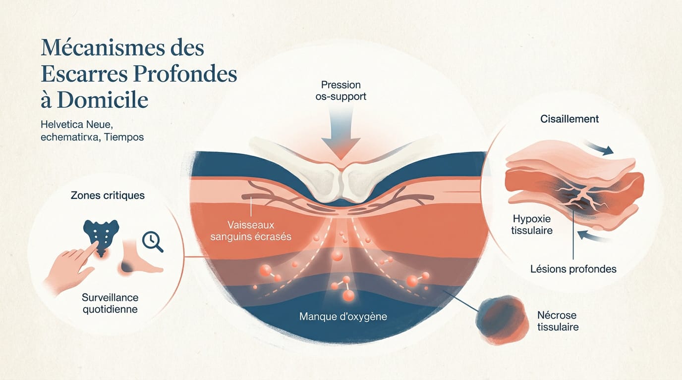 Schéma des mécanismes de pression et de cisaillement provoquant une escarre profonde