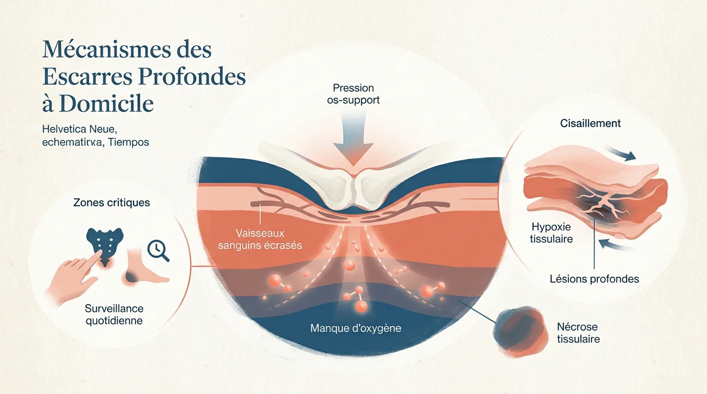 Schéma des mécanismes de pression et de cisaillement provoquant une escarre profonde