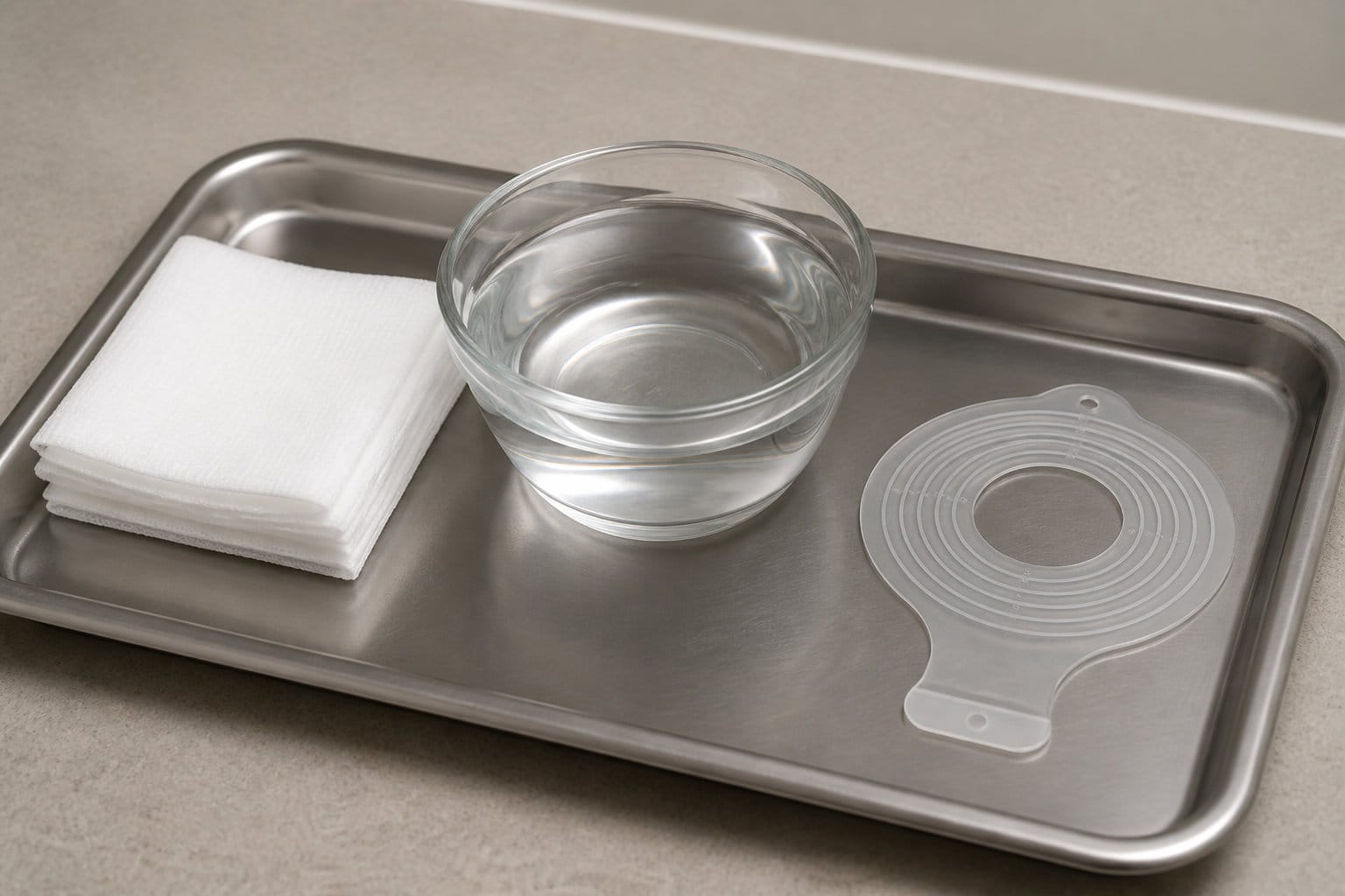 Plateau de matériel pour changer une poche de stomie : compresses, eau tiède et gabarit de mesure