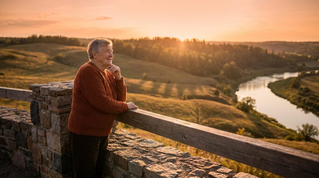 Une femme âgée souriante contemplant un paysage au coucher du soleil depuis un point de vue en pierre.