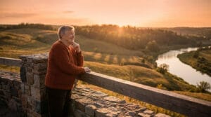 Une femme âgée souriante contemplant un paysage au coucher du soleil depuis un point de vue en pierre.