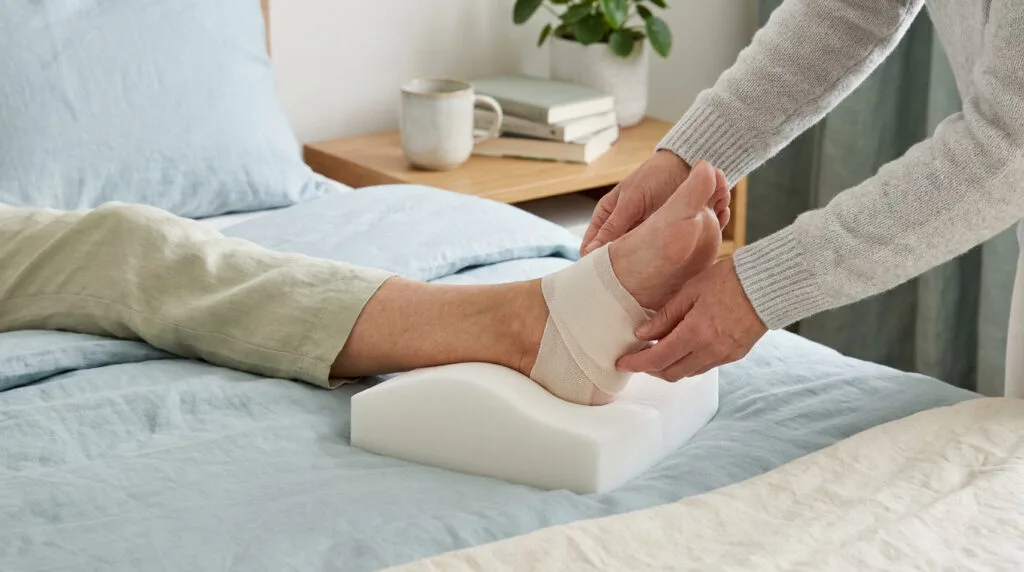 Une personne ajuste un bandage sur le talon d'un patient reposant sur un coussin en mousse dans un lit.