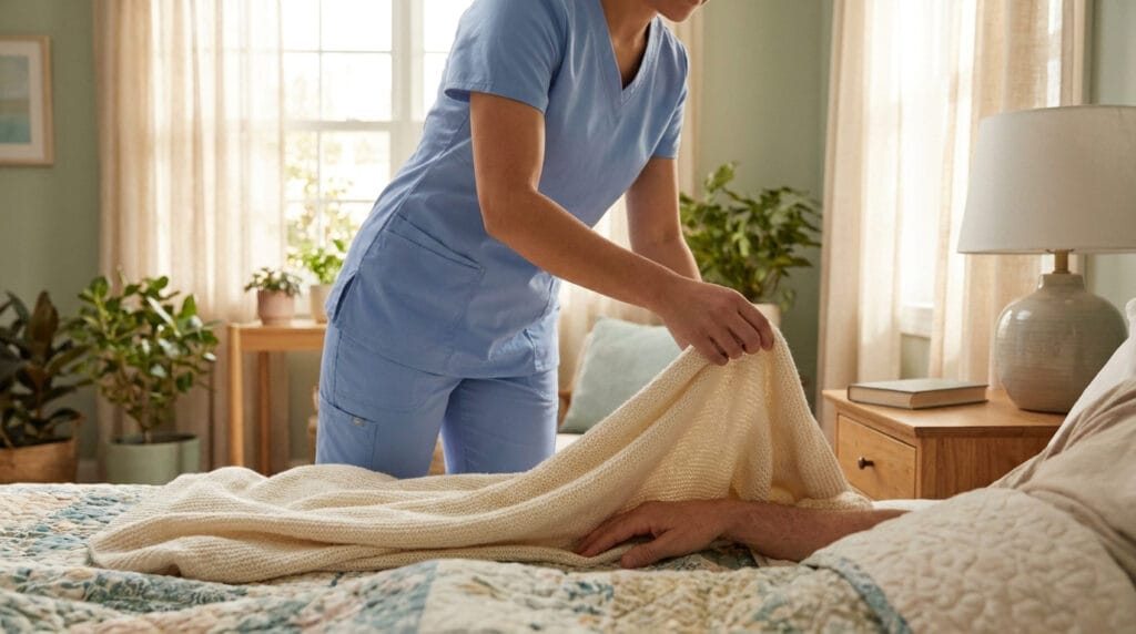 Une infirmière en tenue bleue recouvre délicatement un patient alité avec une couverture en maille dans une chambre.