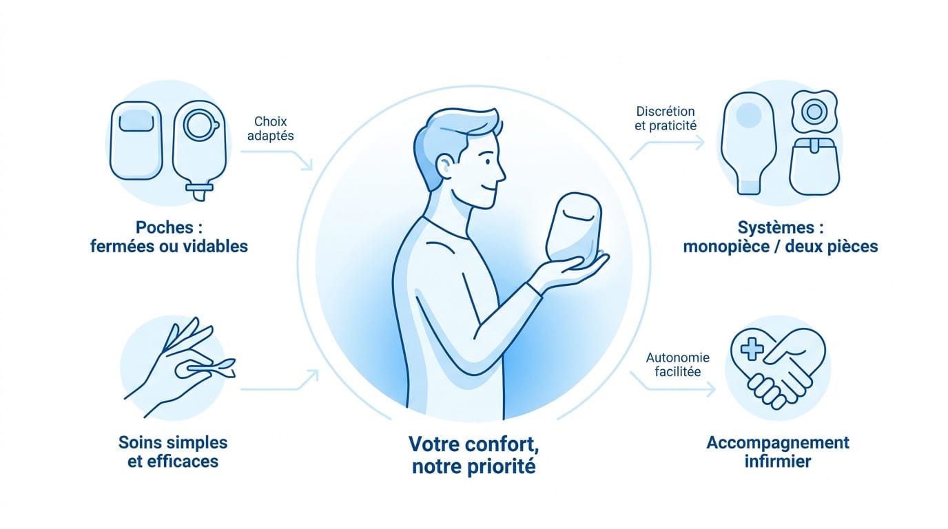 Infographie : poches de stomie fermées ou vidables, systèmes monopièce et deux pièces, accompagnement infirmier