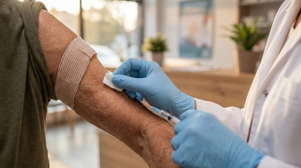 Professionnel de santé en gants bleus administrant un vaccin à une personne âgée dans un cabinet médical.