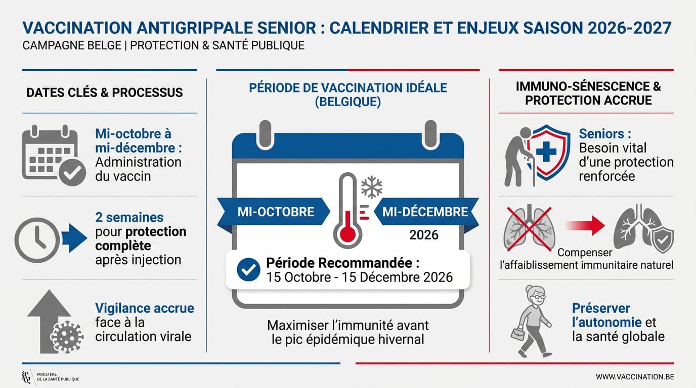 Infirmière préparant une injection de vaccin antigrippal pour un senior en Belgique