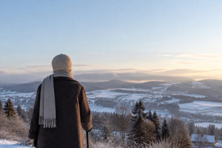 Vue de dos d'une personne âgée habillée chaudement, contemplant un paysage enneigé au coucher du soleil.