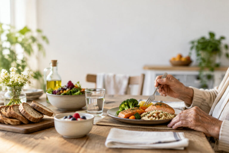 Une personne âgée mange un plat de saumon et de légumes sains, accompagné de pain complet et d'un bol de yaourt.