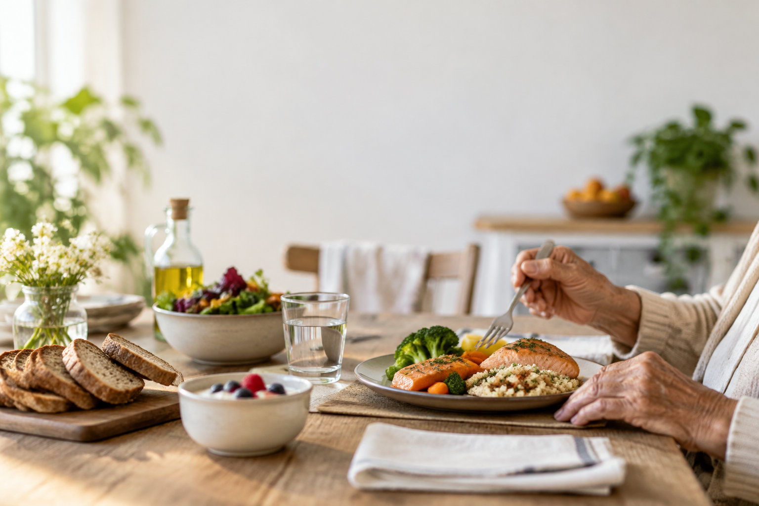 Une personne âgée mange un plat de saumon et de légumes sains, accompagné de pain complet et d'un bol de yaourt.