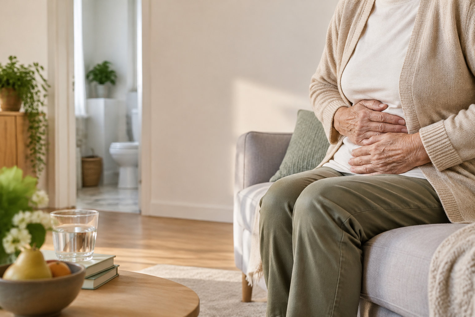 Une personne âgée assise sur un canapé, tenant son ventre avec les deux mains, semblant souffrir de douleurs abdominales.