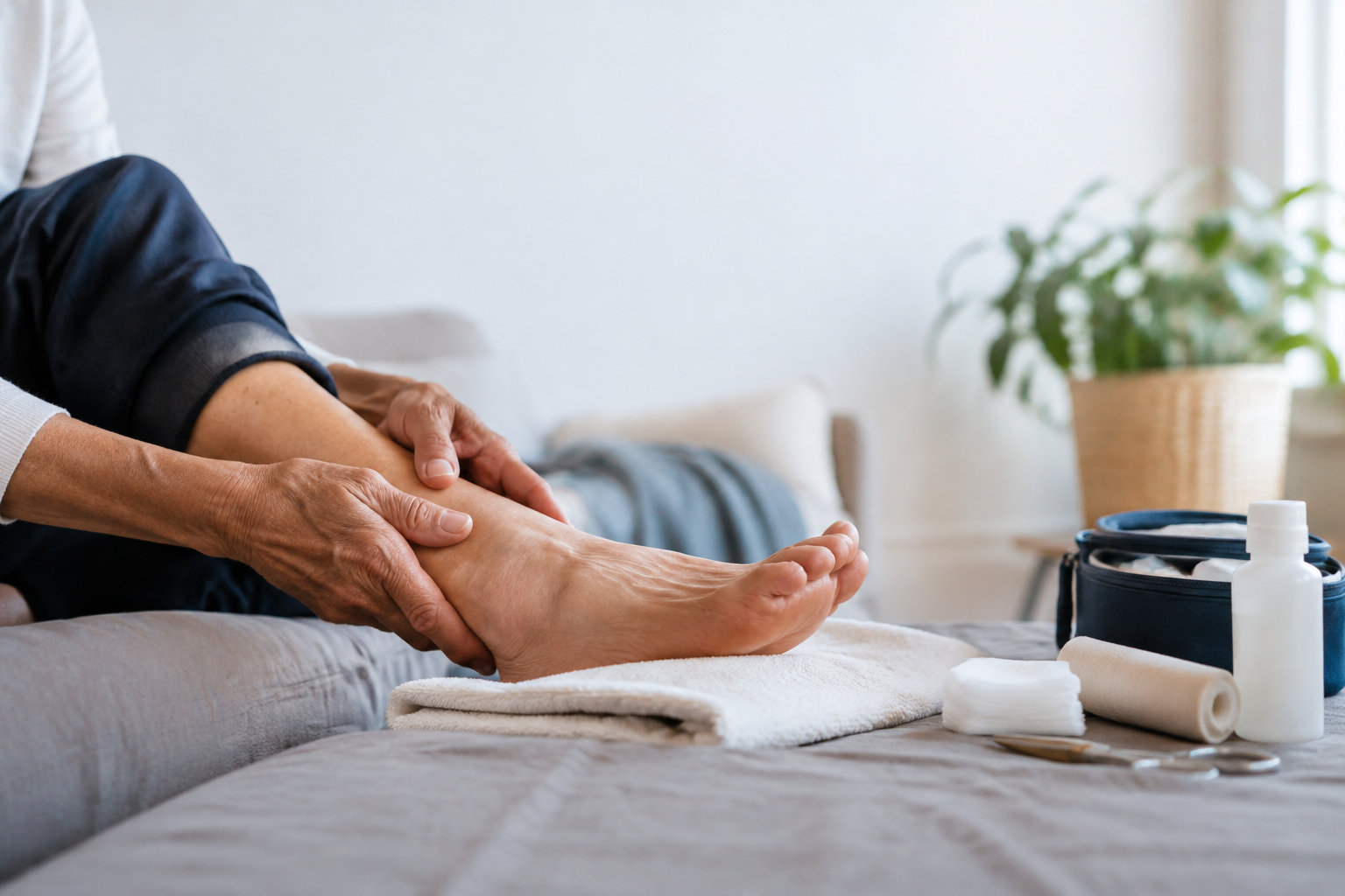 Personne âgée examinant son pied sur une serviette avec du matériel de soin à proximité.