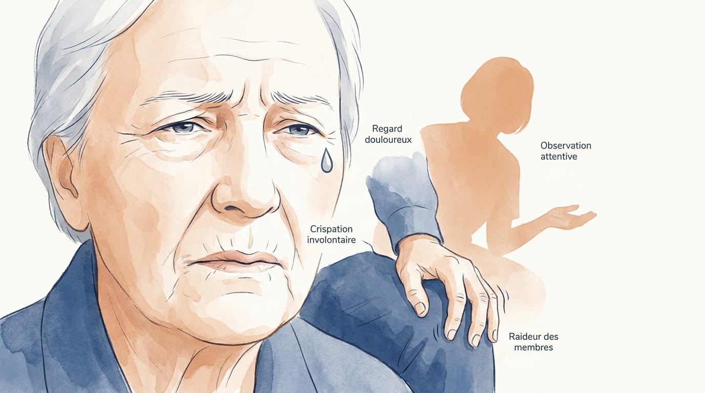 Illustration d'un visage de personne âgée exprimant la douleur : regard douloureux, crispation, raideur des membres
