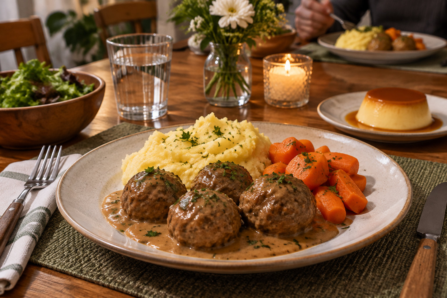 Une assiette de boulettes en sauce, de purée et de carottes est posée sur une table dressée, avec une salade, un dessert, des fleurs et une bougie.