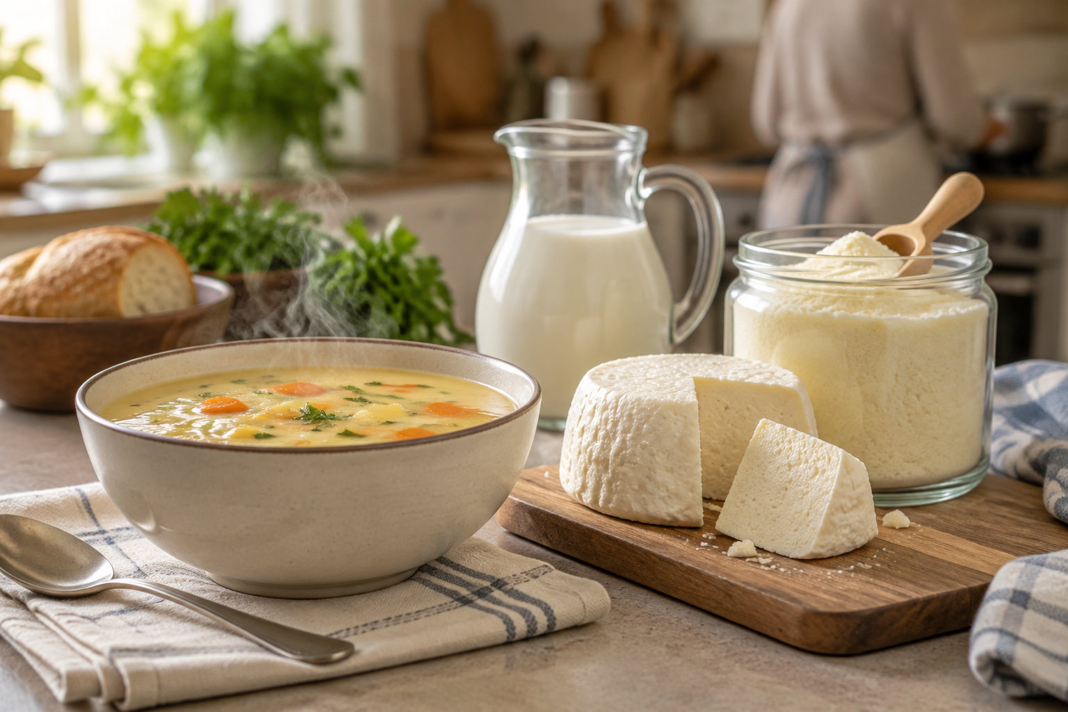 Un bol de soupe chaude avec des légumes est posé devant du pain, un pichet de lait et des morceaux de fromage frais.