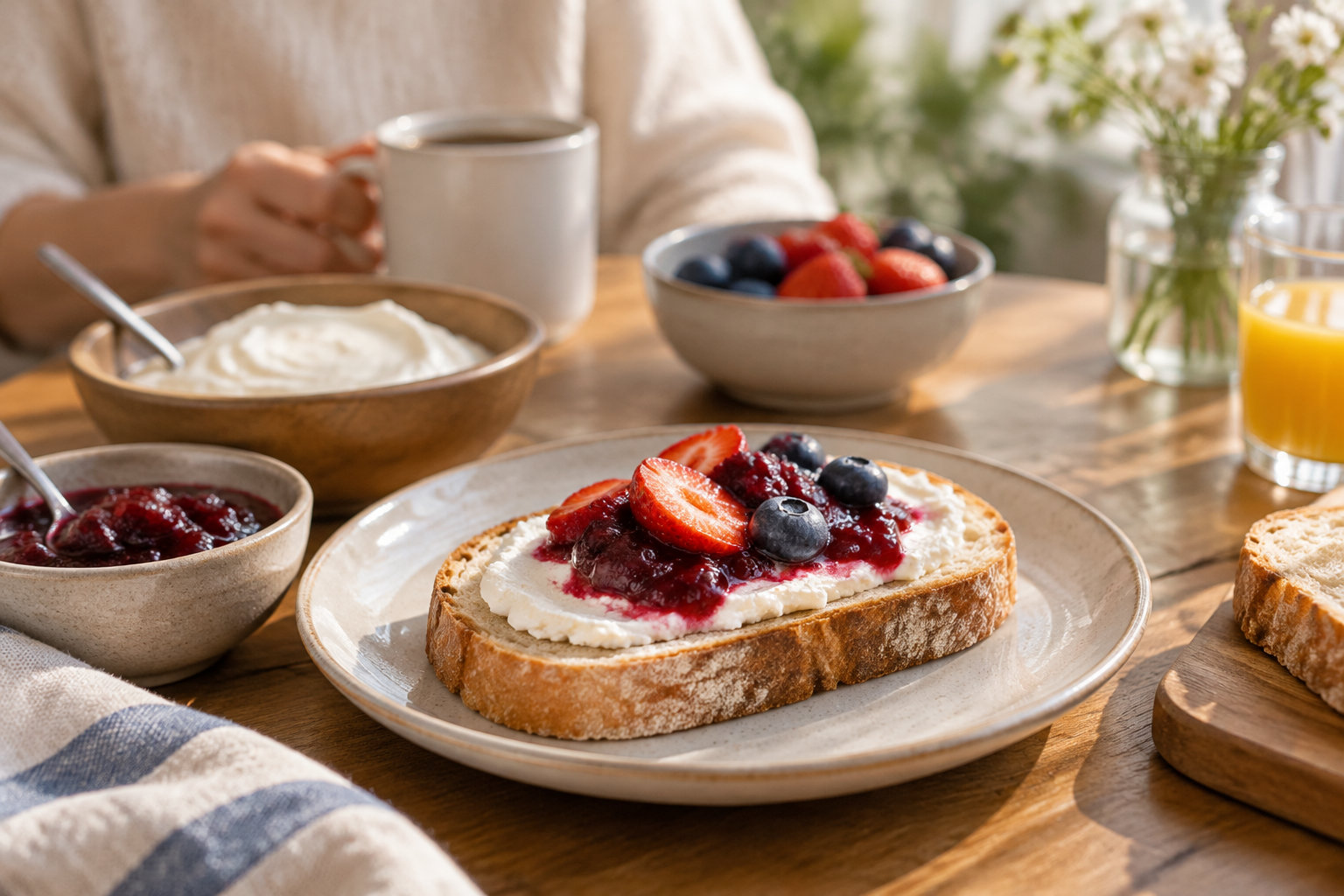 Une tranche de pain tartinée de fromage frais et de confiture, garnie de fraises et de myrtilles, est posée sur une assiette entourée de bols, d’une tasse et d’un verre de jus.