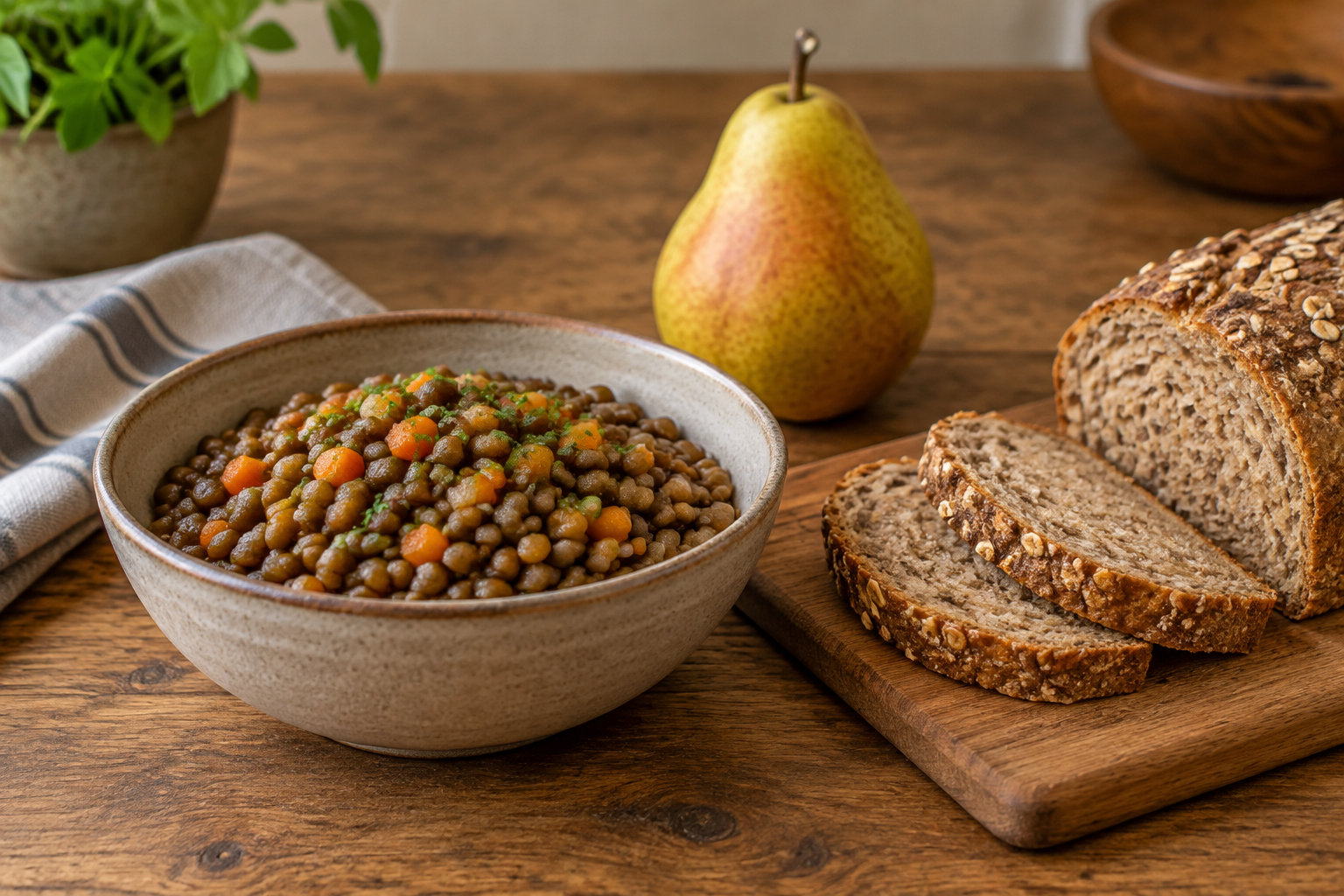 Un bol de lentilles aux dés de carotte et aux herbes est posé sur une table en bois, près d’un pain complet tranché, d’une poire et d’un torchon.