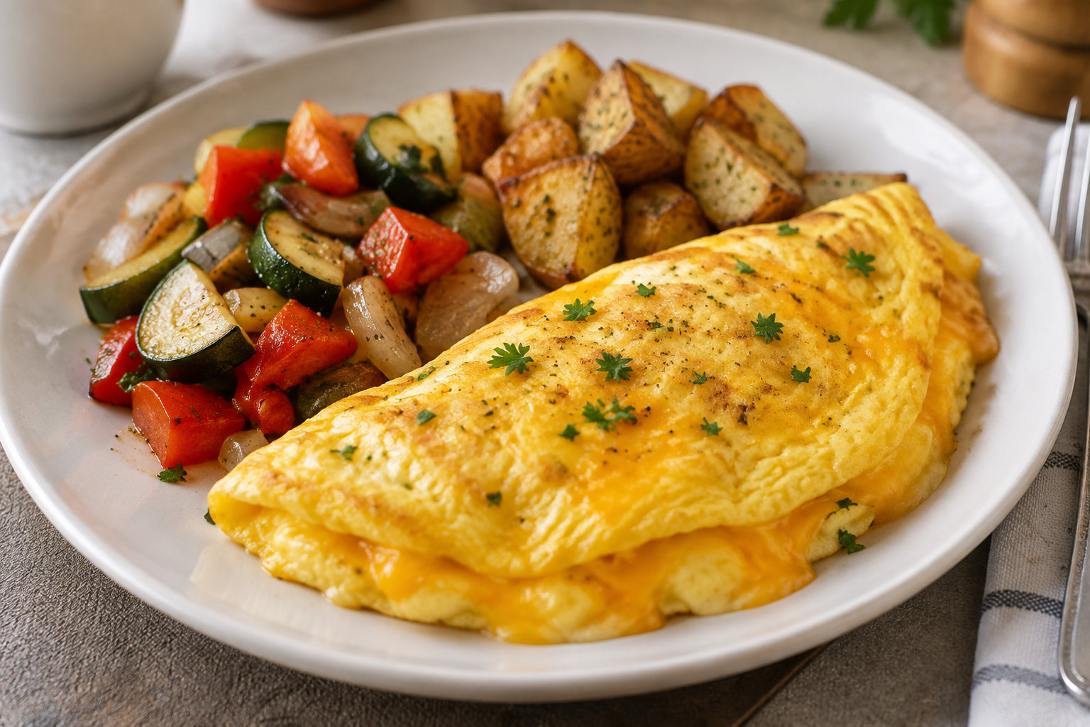 Une omelette dorée garnie d’herbes, accompagnée de pommes de terre rôties et de légumes grillés, est servie dans une assiette blanche.