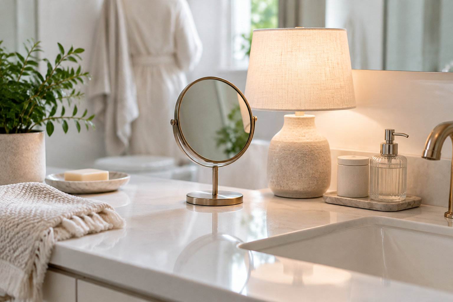 Un lavabo est aménagé avec un miroir rond, une lampe allumée, un distributeur de savon, un pot, une serviette et une plante.