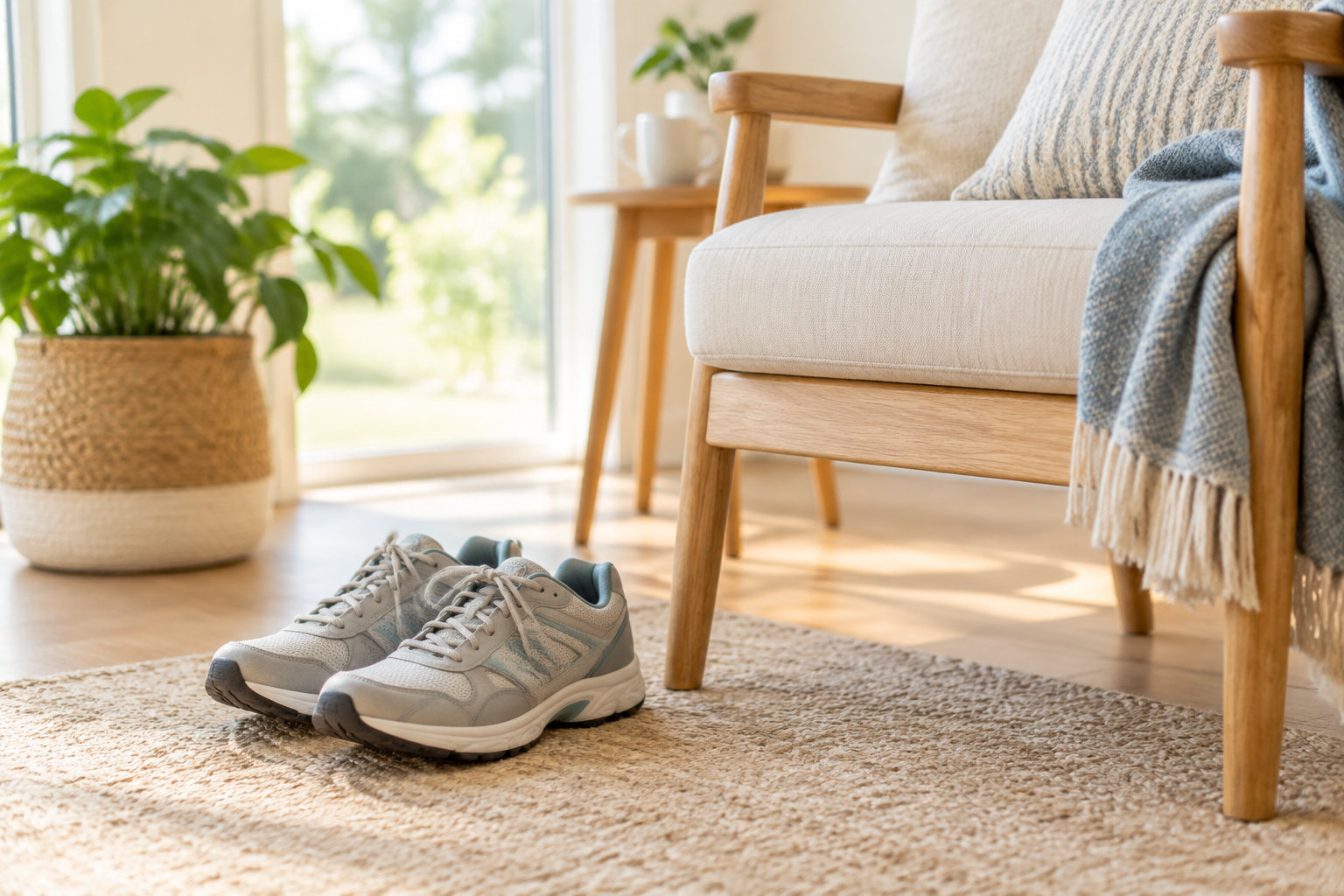 Une paire de chaussures de sport est posée sur un tapis devant un fauteuil en bois et en tissu, dans un salon lumineux avec une plante près de la fenêtre.