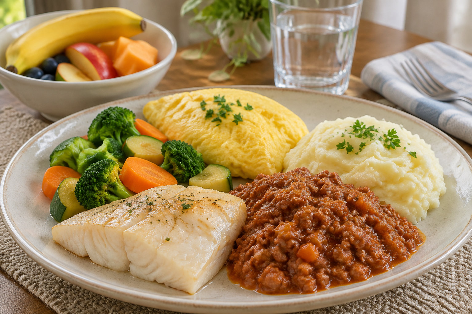 Une assiette garnie de poisson, de sauce à la viande, de purée, d’une omelette et de légumes, avec un bol de fruits et un verre d’eau à l’arrière-plan.