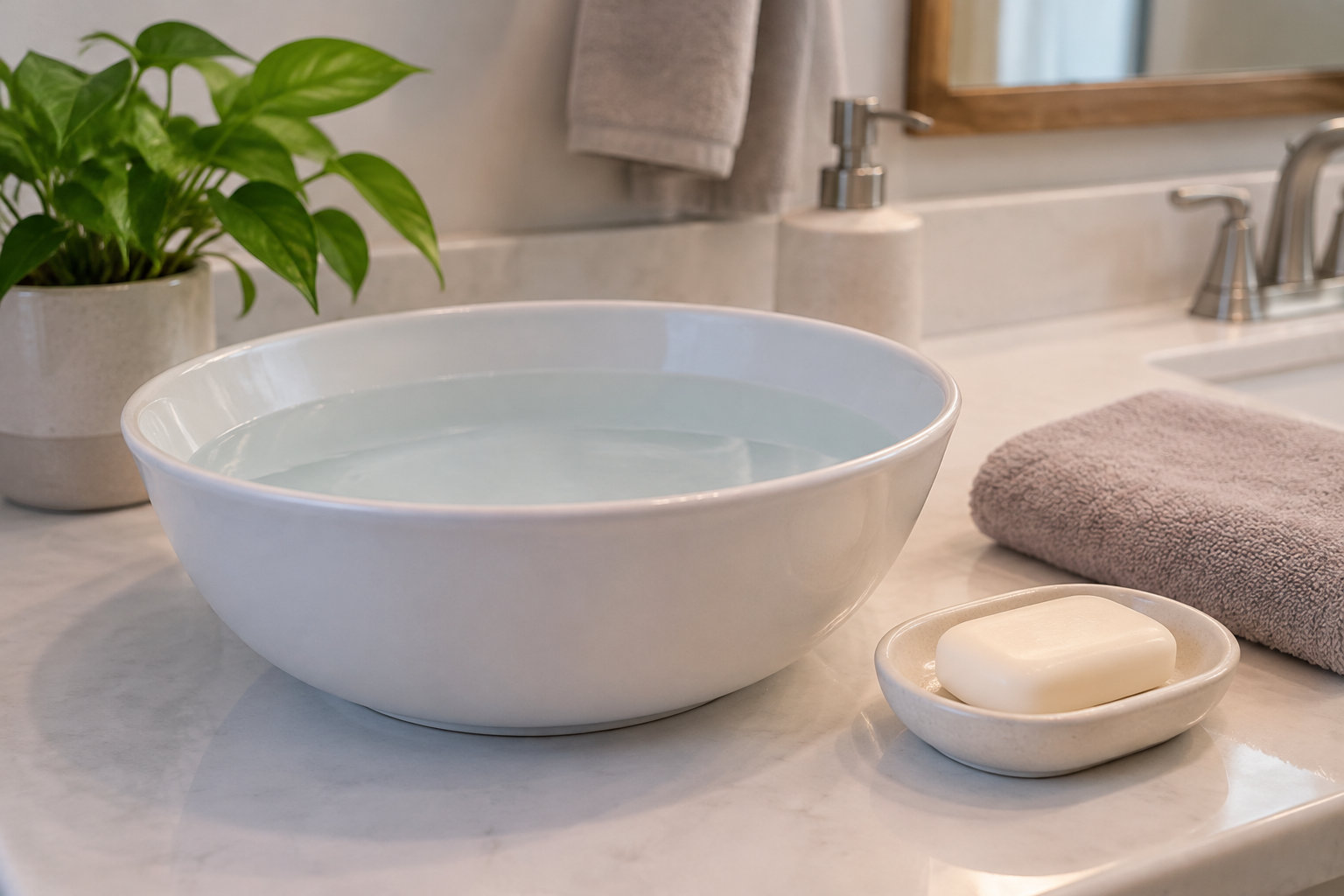 Un lavabo blanc rempli d’eau est posé sur un comptoir de salle de bains, près d’un porte-savon avec une barre de savon, d’une serviette et d’une plante en pot.