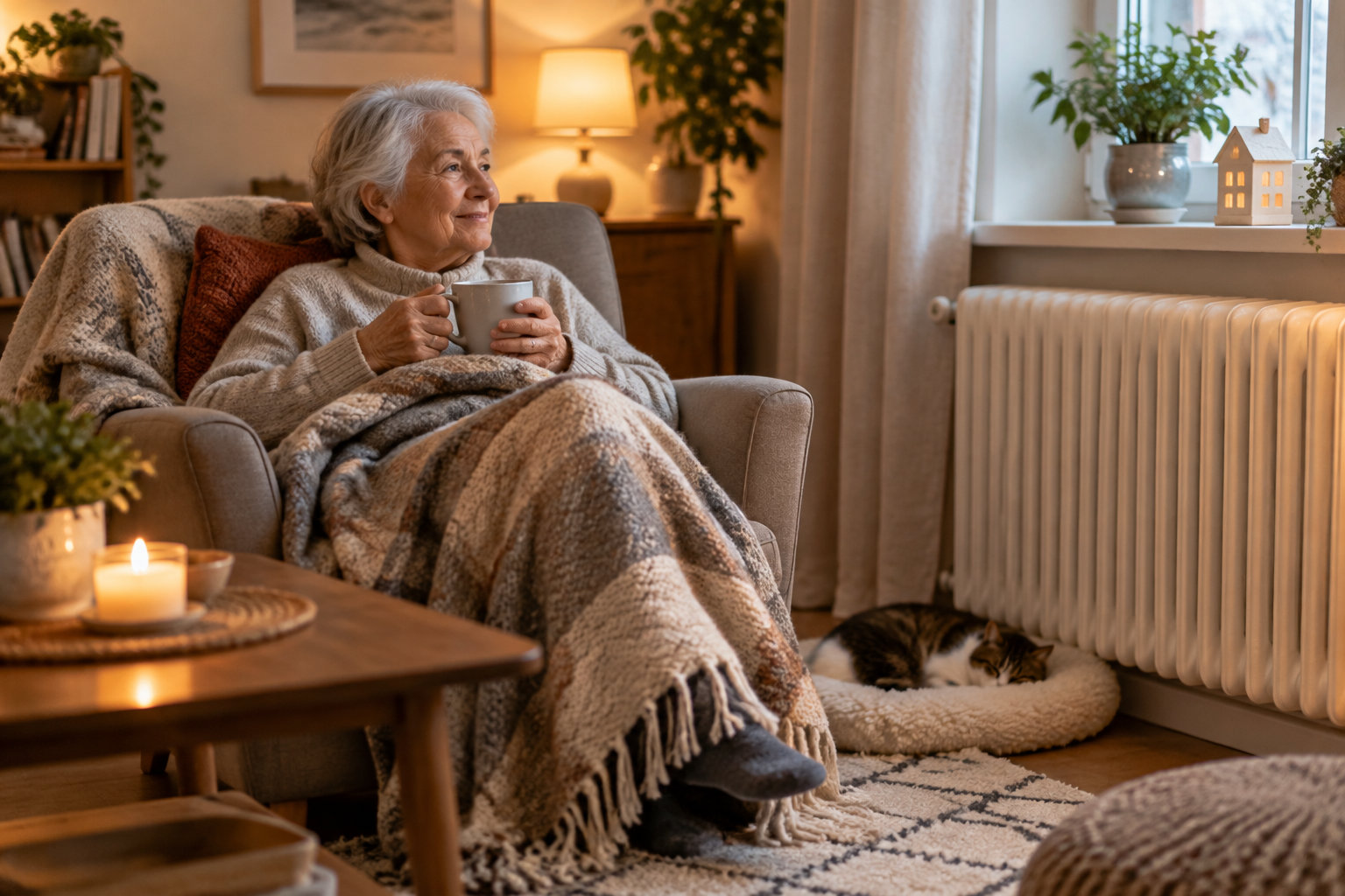 Une femme âgée, emmitouflée dans une couverture, tient une tasse dans un fauteuil tandis qu’un chat dort près d’un radiateur.